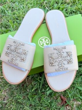 Tory Burch Ivory Logo Slide Sandals with Gold Hardware